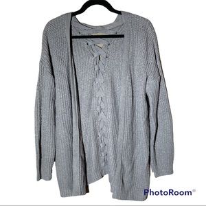Gray Cut Out Faux Lace Up Cardigan